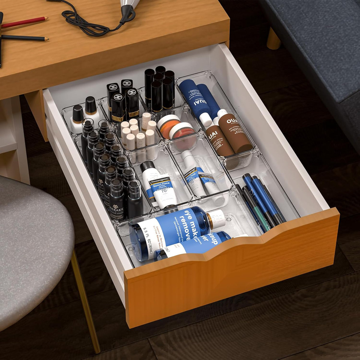 25 PCS Clear Plastic Drawer Organizers Set, Versatile Bathroom and Vanity Drawer Organizer Trays 4-Size Storage Bins for Makeup